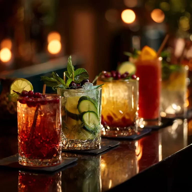 Verschiedene Vodka-Cocktails an der Bar mit passender Garnierung.