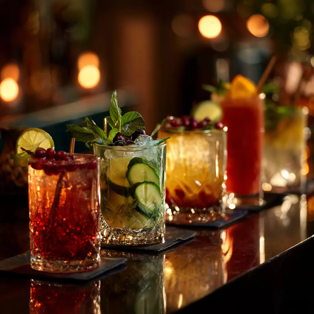 Eine Reihe von Gläsern gefüllt mit verschiedenen Arten von Getränken