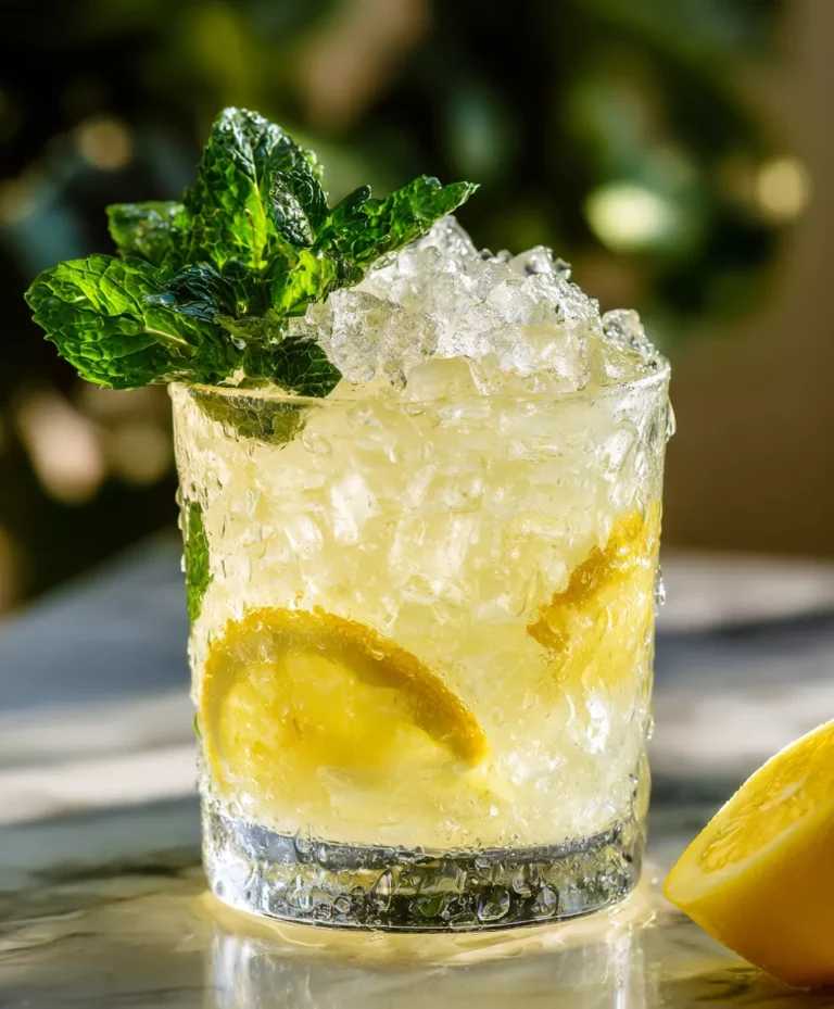 Ein Tumbler Glas mit Eis und Lemon Vodka Smash gefüllt