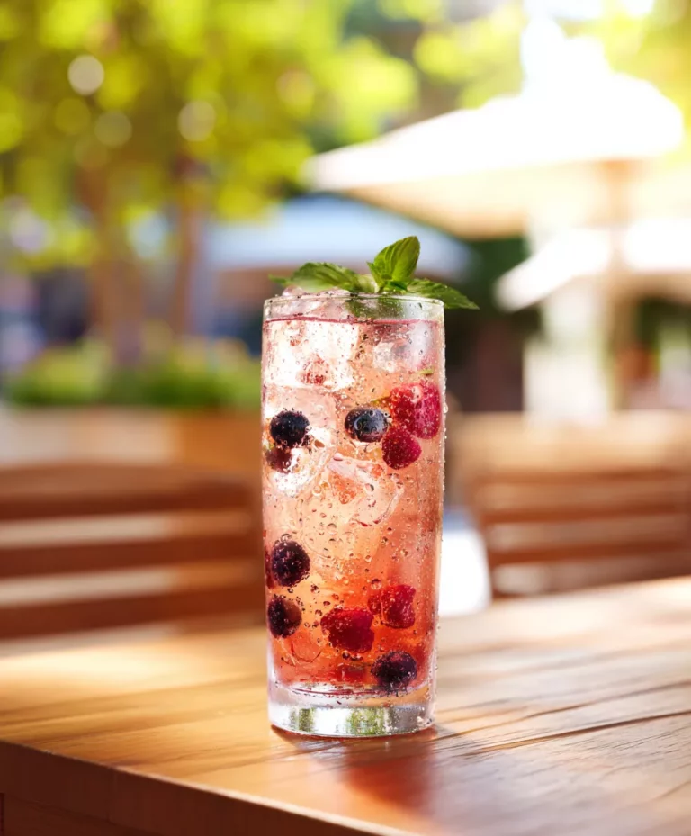 Ein Glas Berry Fizz aus Vodka, Beeren, Holundersirup und Soda