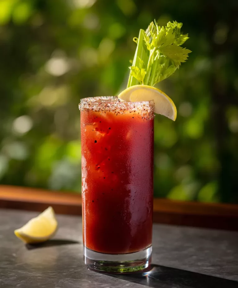 Eine klassische Bloody Mary aus Vodka, Tomatensaft und Zitronensaft mit Sellerie-Garnitur