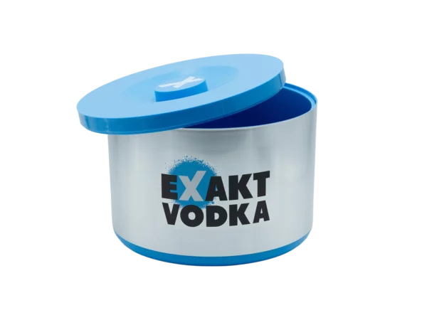 Eiswürfelbox mit Deckel in blau und silbernen Design mit Exakt Vodka Logo