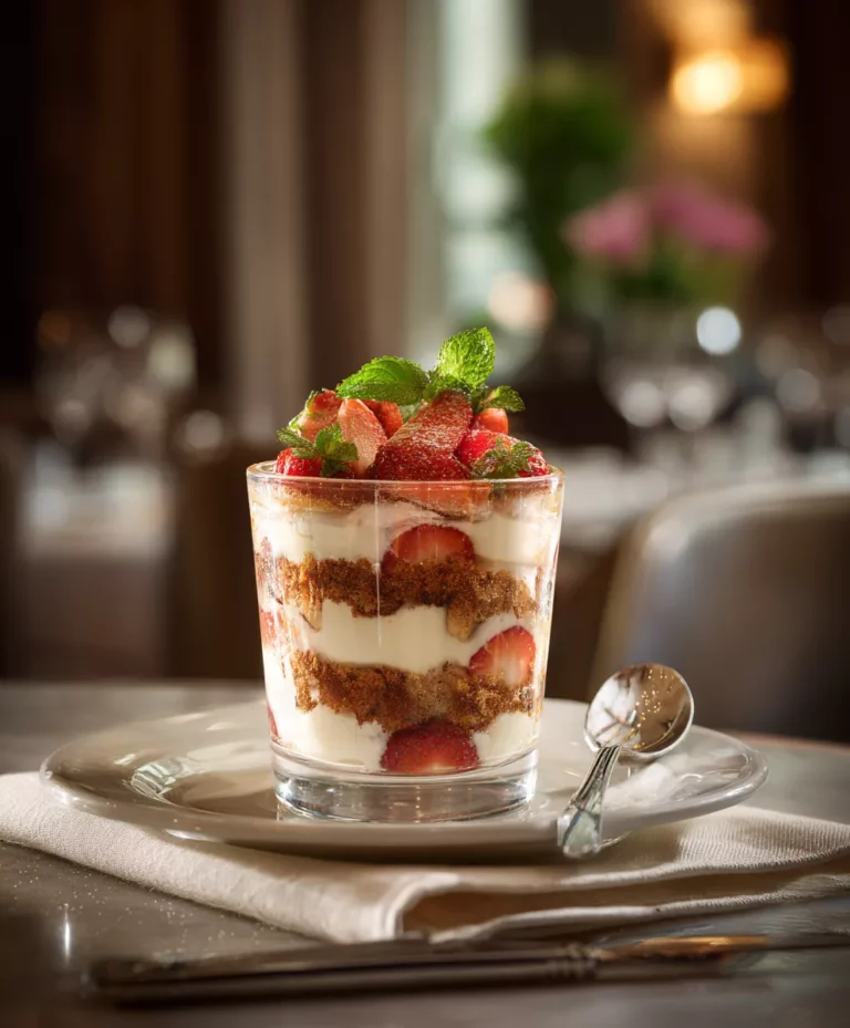 Ein Dessert mit Erdbeeren in einem Glas auf einem Tisch