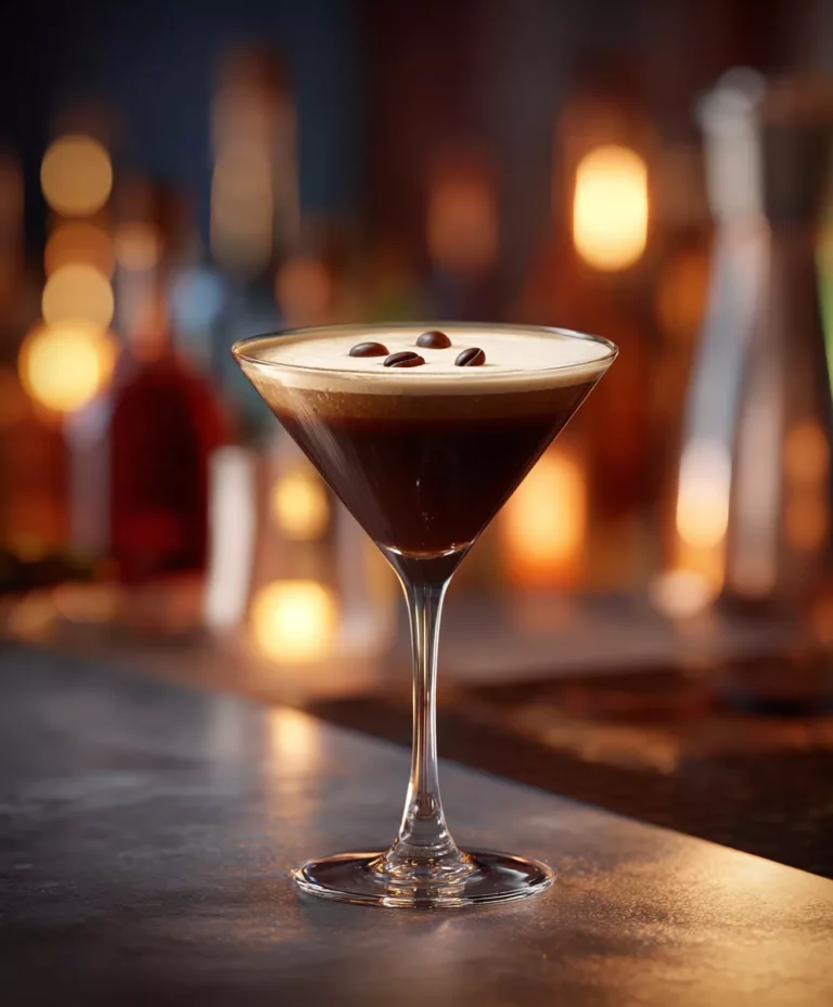 Ein Cocktail aus Vodka, Kaffeelikör und heißem Espresso in einem Martini-Glas an einer Bar