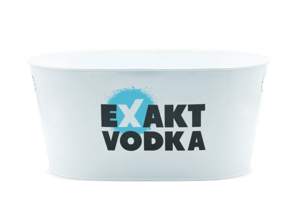 Ein weißer, ovaler Flaschenkühler mit dem Exakt Vodka Logo