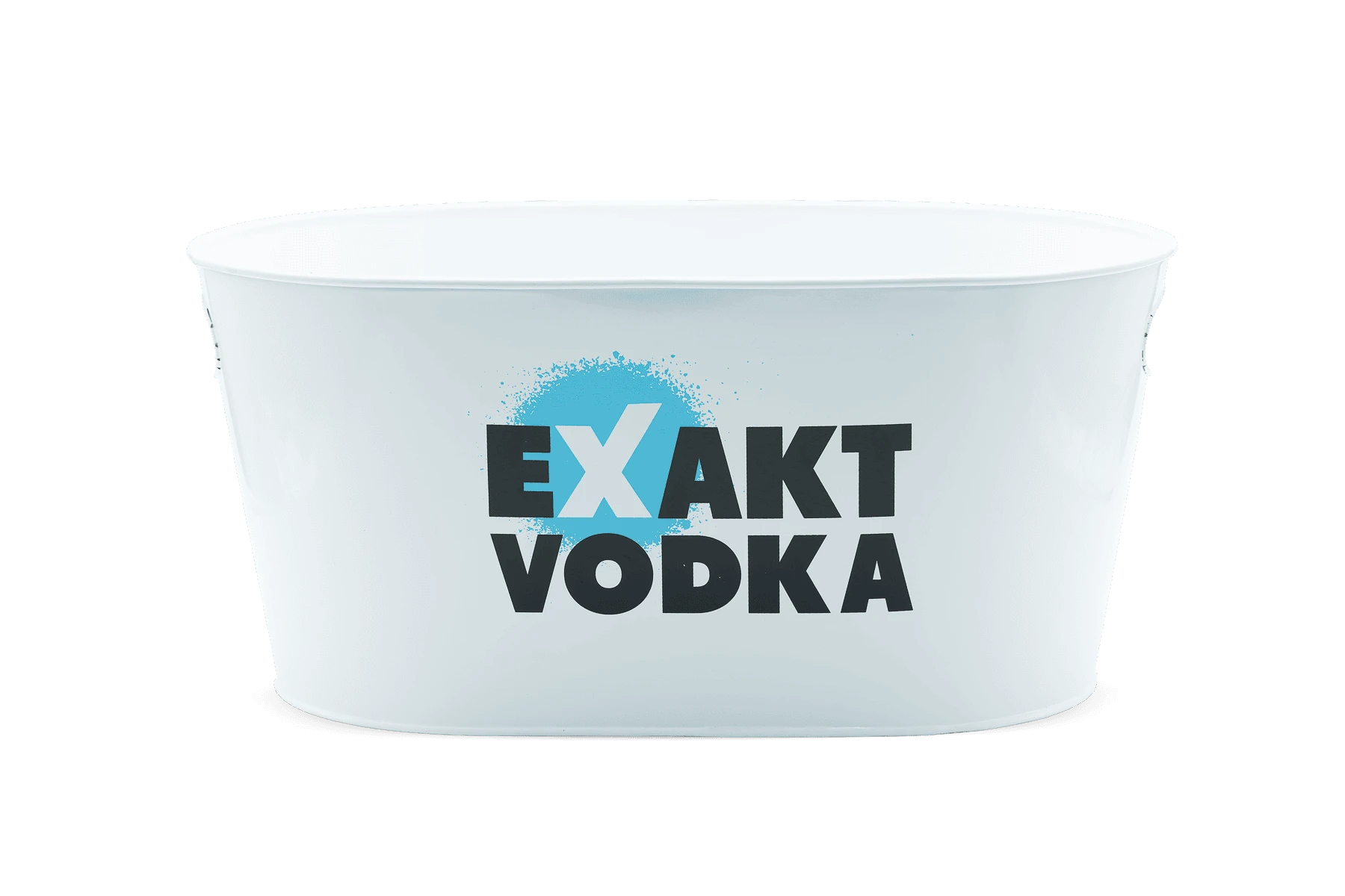 Ein weißer, ovaler Flaschenkühler mit dem Exakt Vodka Logo