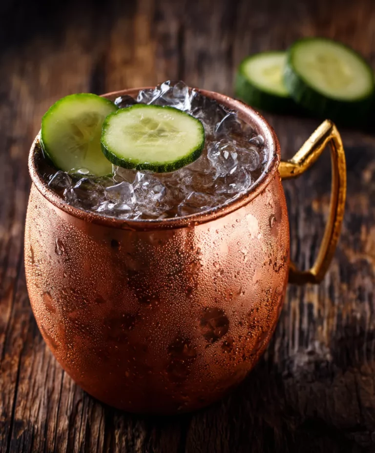 Ein Kupferbecher gefüllt mit Vodka, Ginger Beer und Eis