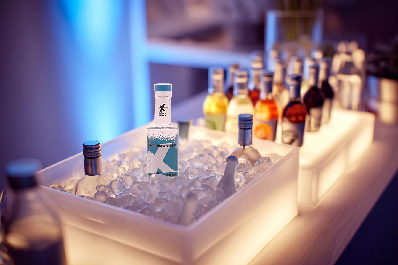 Vodka Flasche mit Beigetränken in einer Partybox