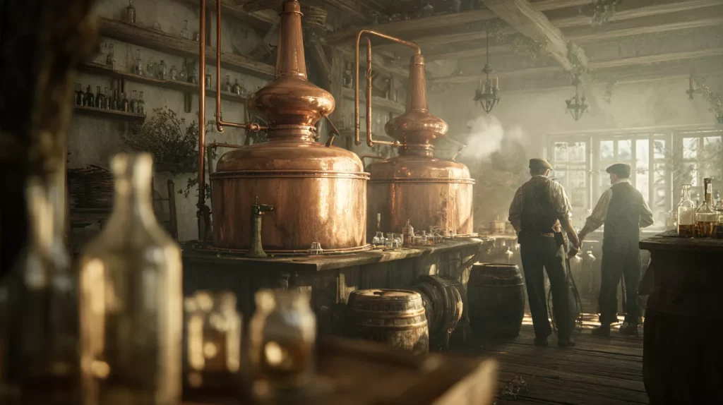 Ein paar Männer stehen in einem Raum voller Flaschen