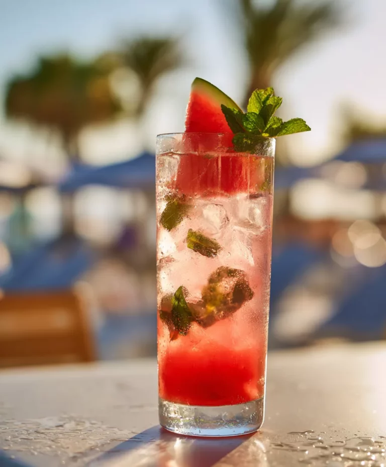 Ein Glas mit Watermelon Vodka Cooler, garniert mit Minze & einem Stück Wassermelone