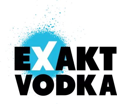 Ein blau-weißes Logo mit dem schwarz geschriebenem Wort „Exakt Vodka“ darauf.