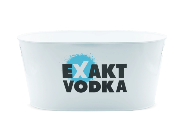 Ein weißer Eimer mit der Aufschrift „Exakt Vodka“.