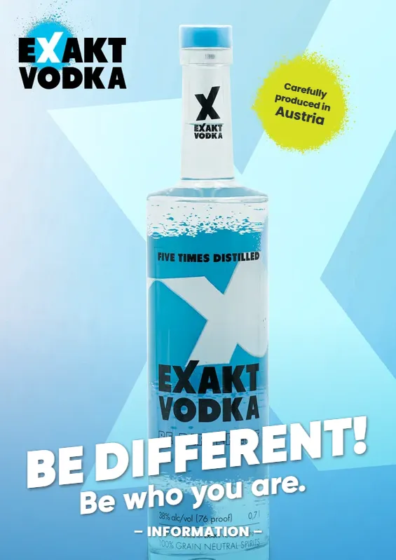Das Cover des Informationsfolders von EXAKT Vodka ziert eine EXAKT Vodka Basic Flasche.