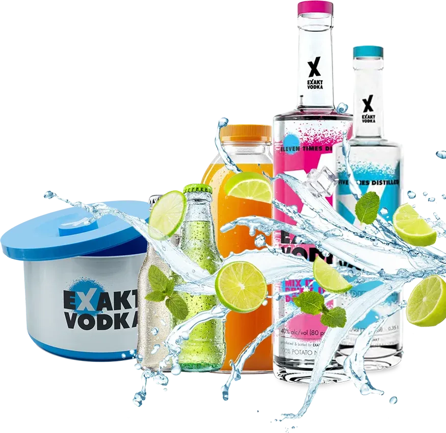 Eine Auswahl an Wodkaflaschen mit Limetten und Limetten