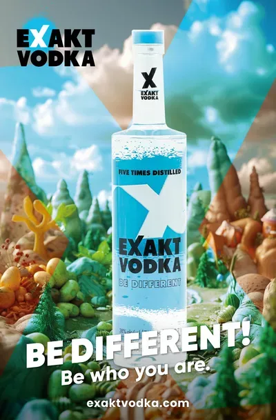 Eine Flasche Vodka vor einem futuristischem Hintergrund
