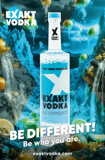 Eine Flasche Vodka vor einem Wasserfall und Zitronen die vom Himmel fallen