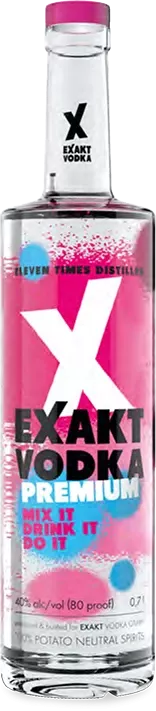 Eine 0,7 Liter Flasche Exakt Vodka Premium mit einem rosa und blauem Etikett.
