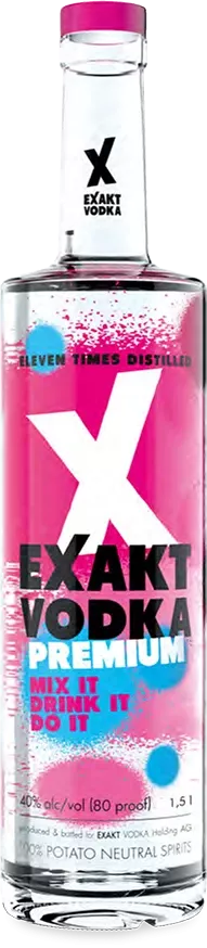 Eine 1,5 Liter Flasche Exakt Vodka Premium mit einem rosa und blauem Etikett.
