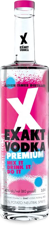 Eine 3 Liter Flasche Exakt Vodka Premium mit einem rosa und blauem Etikett.