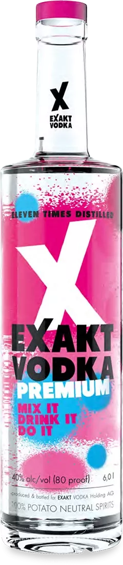 Eine 6 Liter Flasche Exakt Vodka Premium mit einem rosa und blauem Etikett.