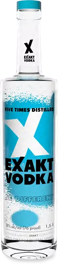 Eine 1,5 Liter Flasche Exakt Vodka mit blauem Etikett.
