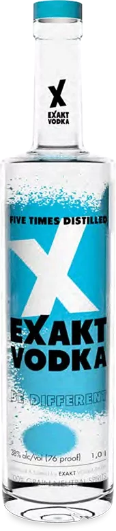 Eine 1 Liter Flasche Exakt Vodka mit blauem Etikett.