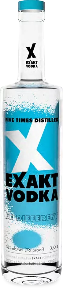 Eine 3 Liter Flasche Exakt Vodka mit blauem Etikett.